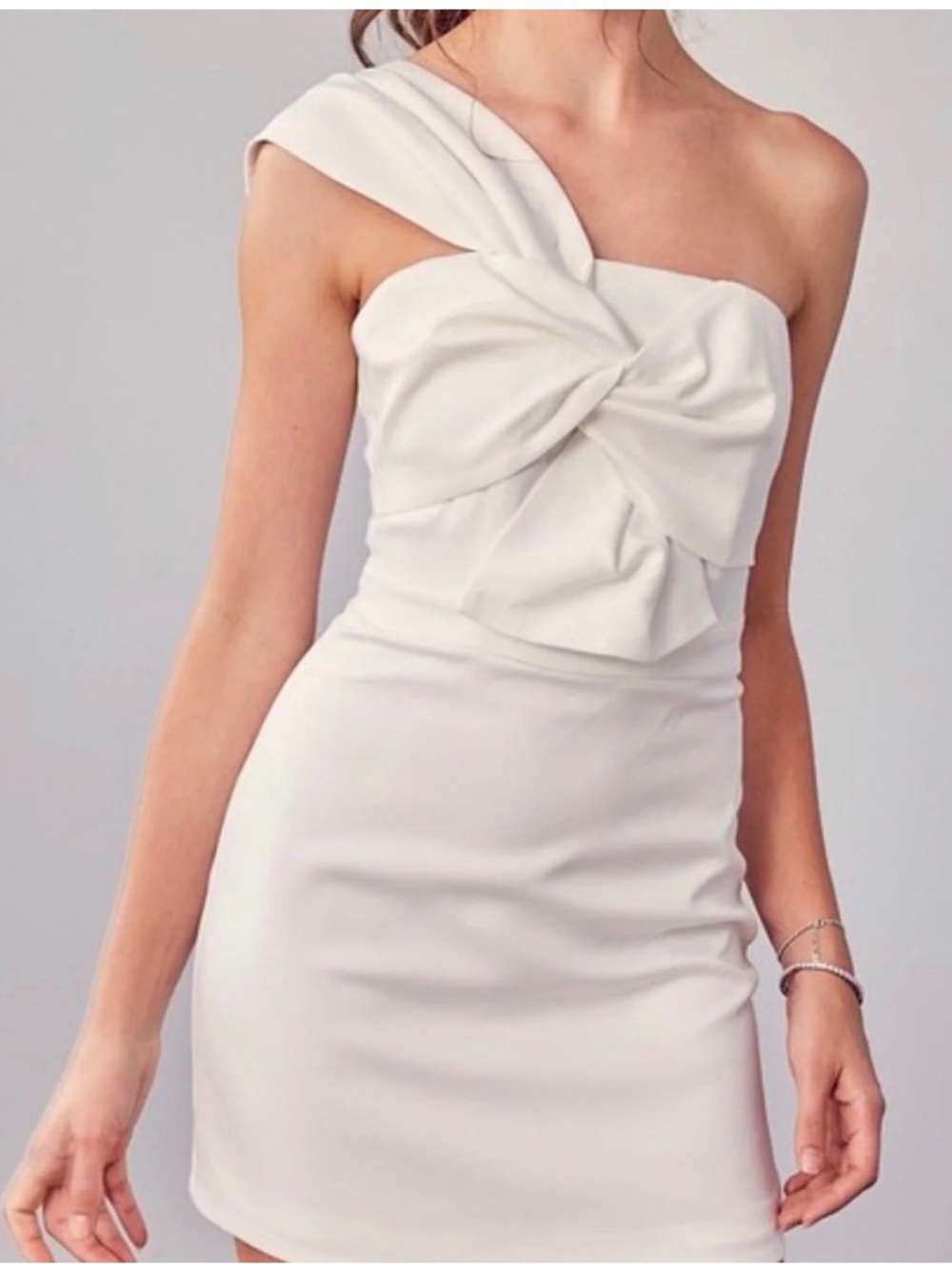 DO+BE One-Shoulder Ivory Knot-Front Mini Dress